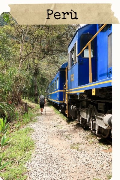 Trekker und Zug auf dem Weg von Hidroelettrica nach Aguas Calientes
